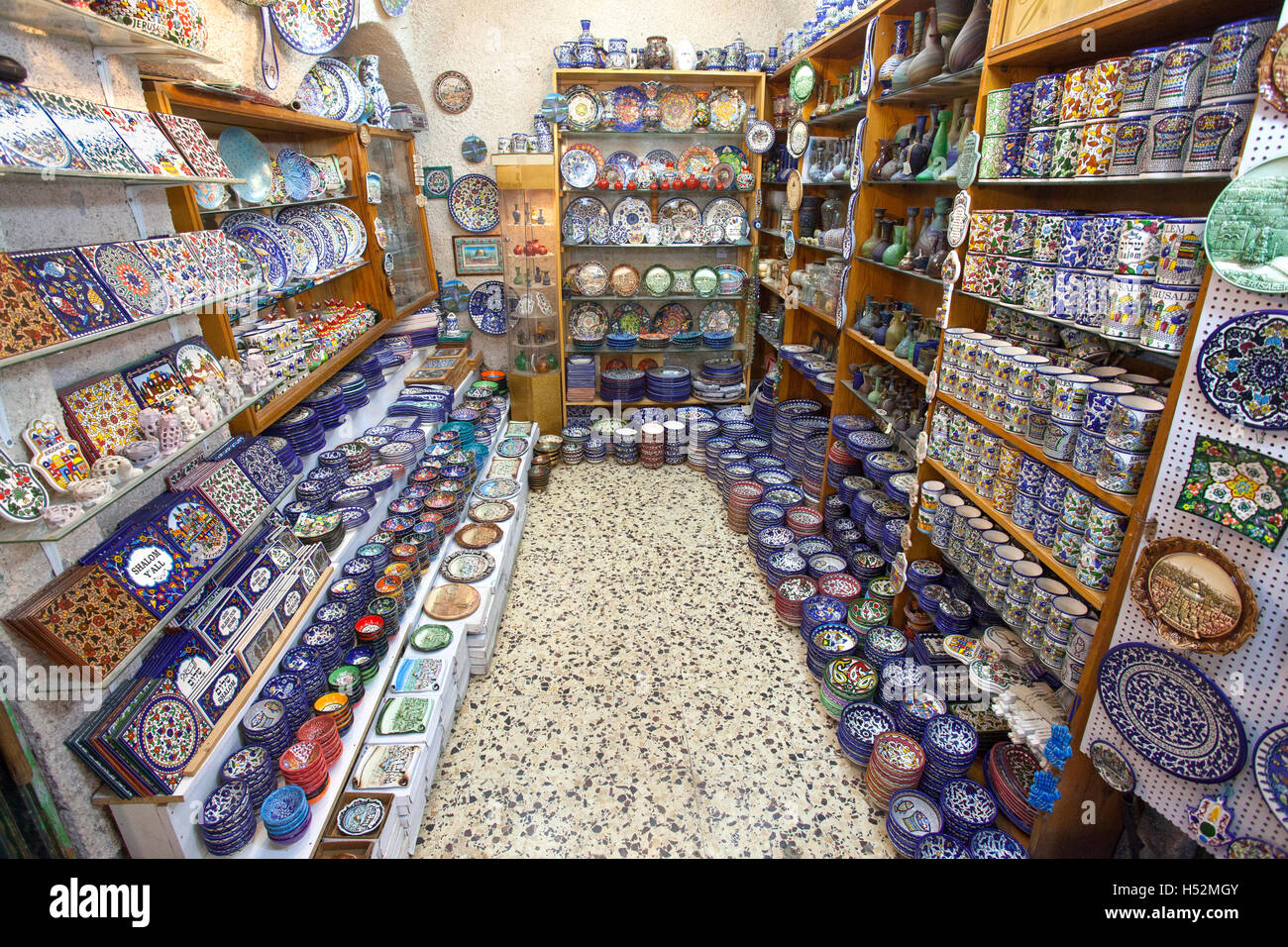 Pottery shop in a souk of the Jerusalem Old City, Israel Stock Photo