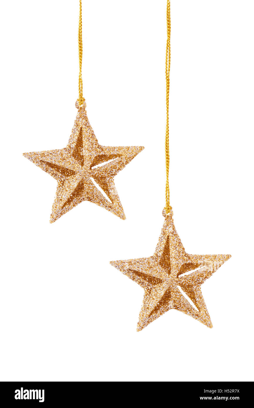 Hanging gold stars isolated on white background Stock Photo - Alamy