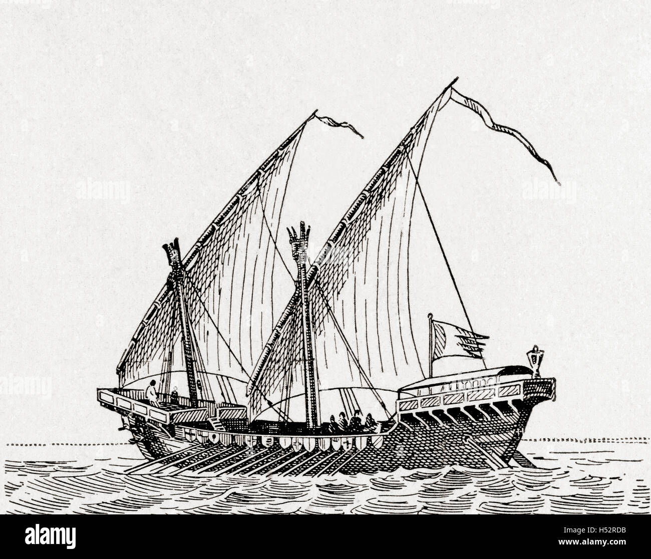 A 13th century ship with a lateen or latin-rig, a triangular sail set on a long yard mounted at an angle on the mast, and running in a fore-and-aft direction. Stock Photo