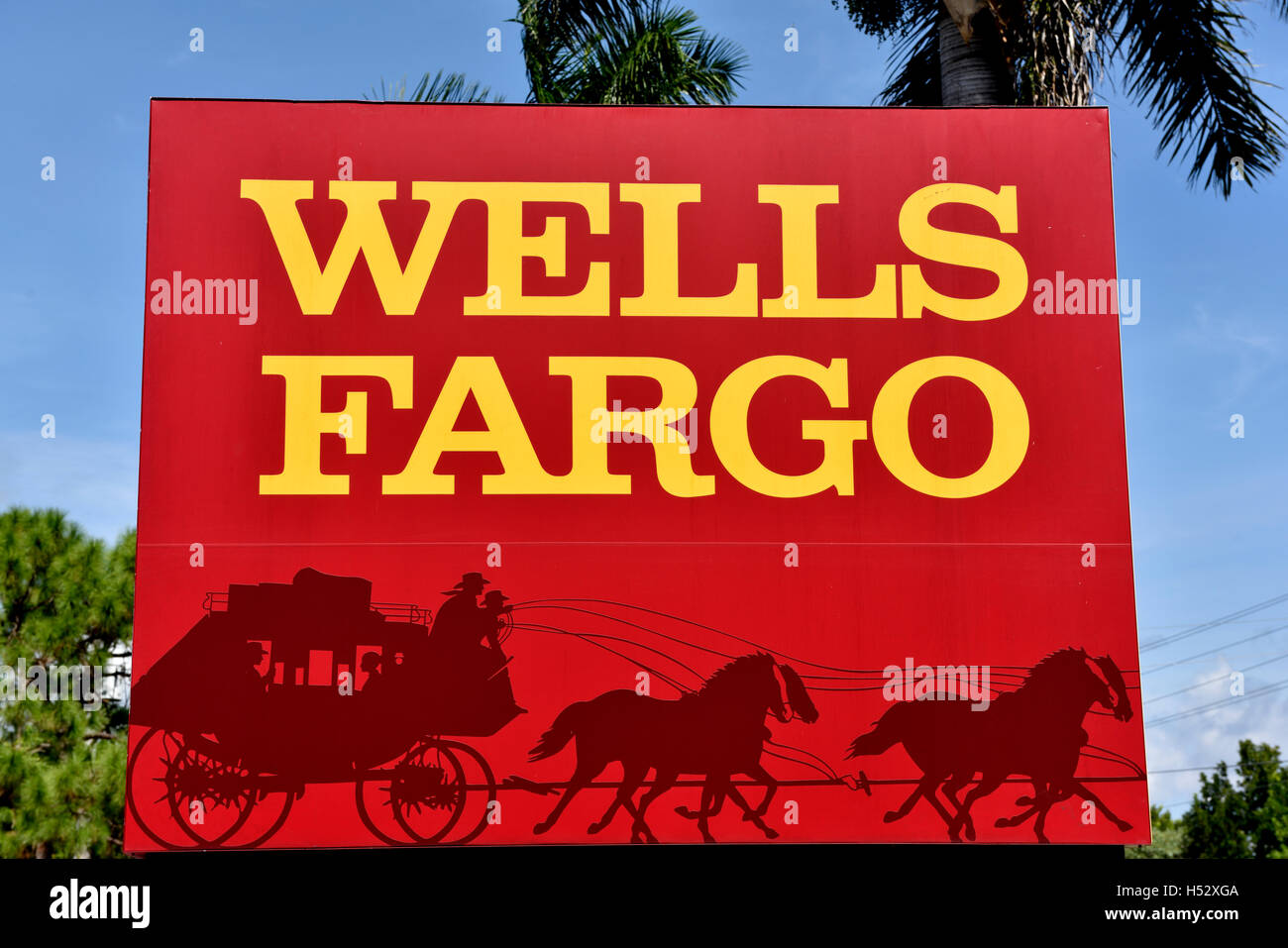 Wells Fargo Bank sign in front of palm trees Stock Photo