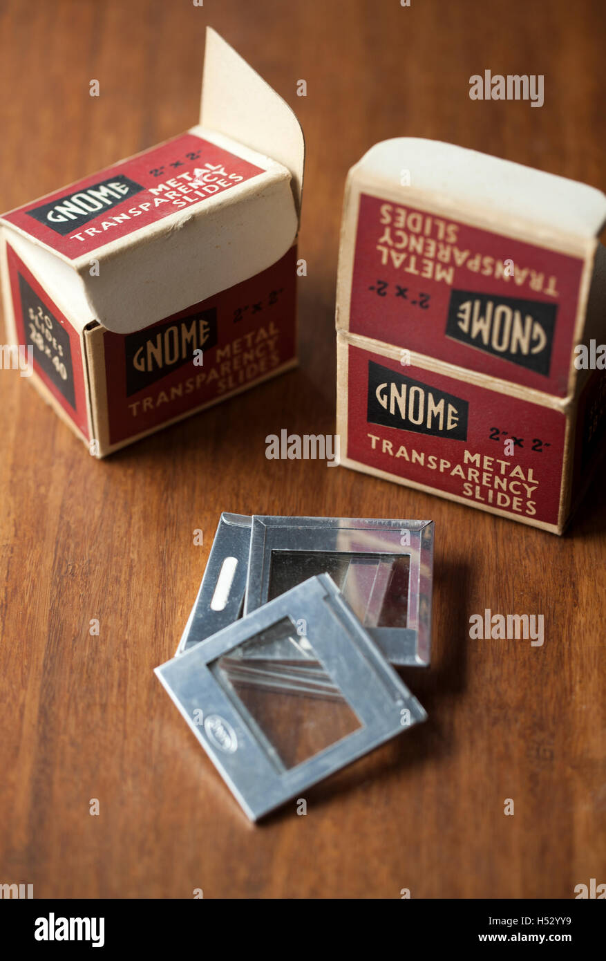 Old or Vintage Box Gnome Metal Transparency Slides Stock Photo