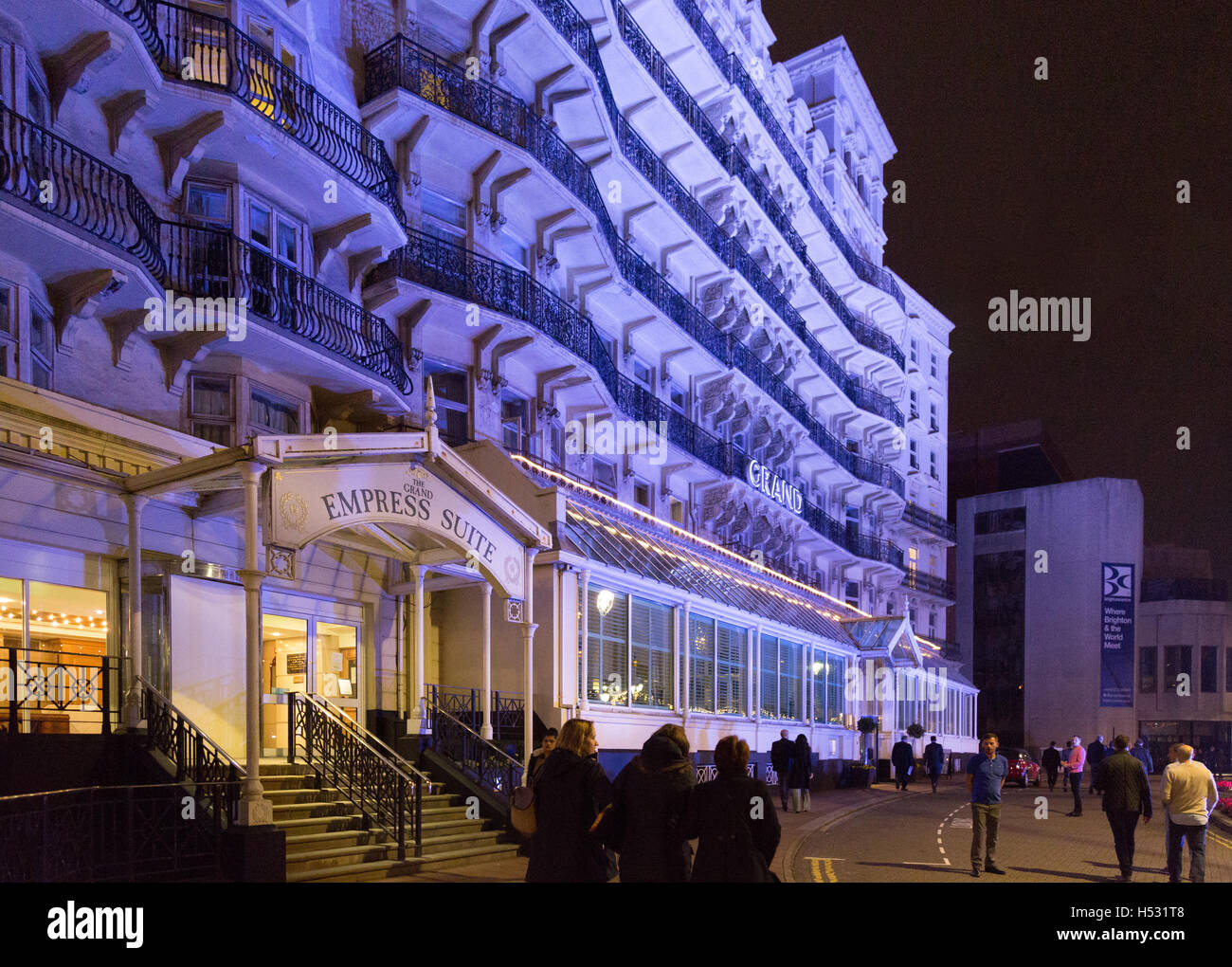 The Grand Hotel Brighton at night, Brighton seafront, Brighton Sussex UK Stock Photo