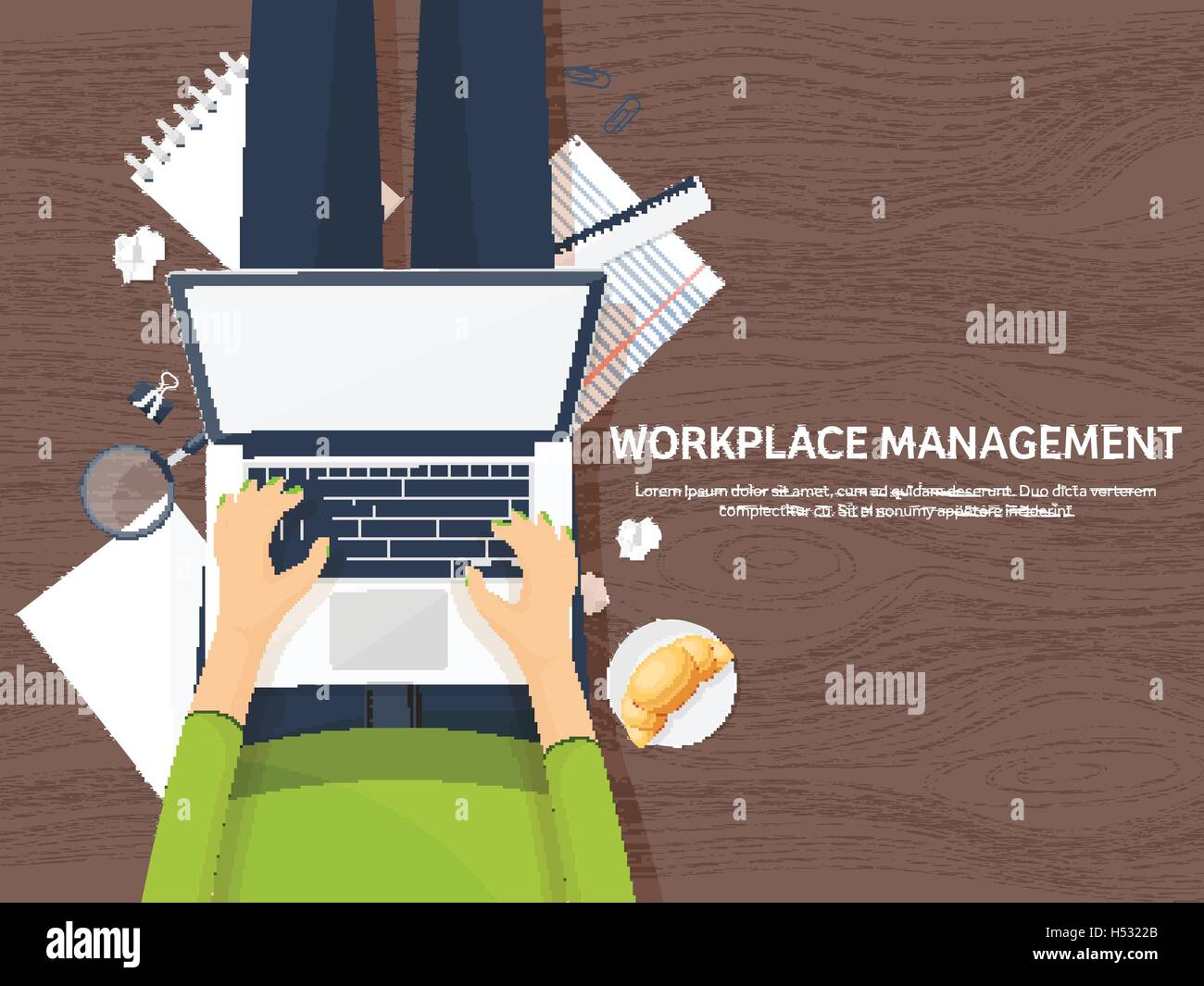 Workplace with table and computer. Laptop,documents,papers,notepad ...