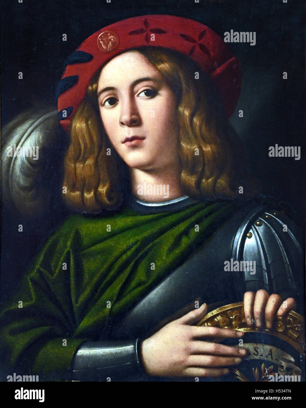 Portrait of a young man in armor 1520 Domenico Capriolo (1494–1528) Italian painter born at Treviso- Venice Italy Italian ( Domenico di Berardino Capriolo ) Stock Photo
