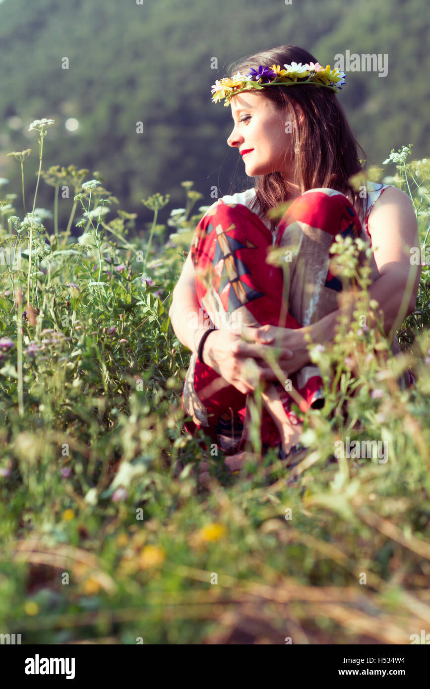 Hippie girl in nature Stock Photo