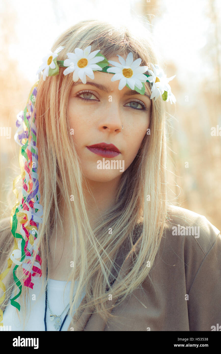 hippie girl with flower headband vintage image Stock Photo