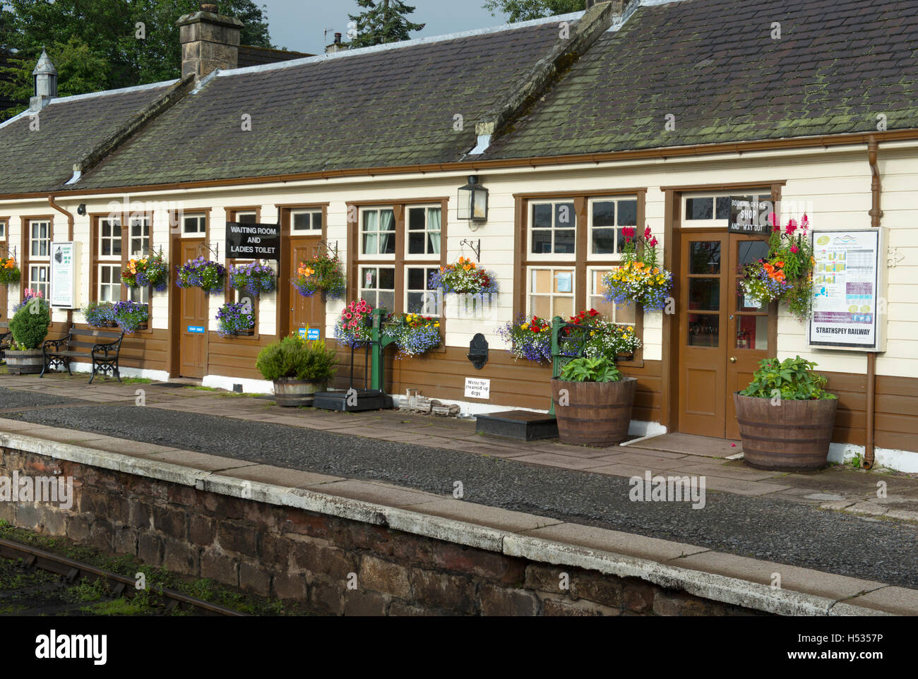 Platform at Boat of Garten Station in the Cairngorms National Park, Scotland, part of the historic Strathspey Railway Stock Photo