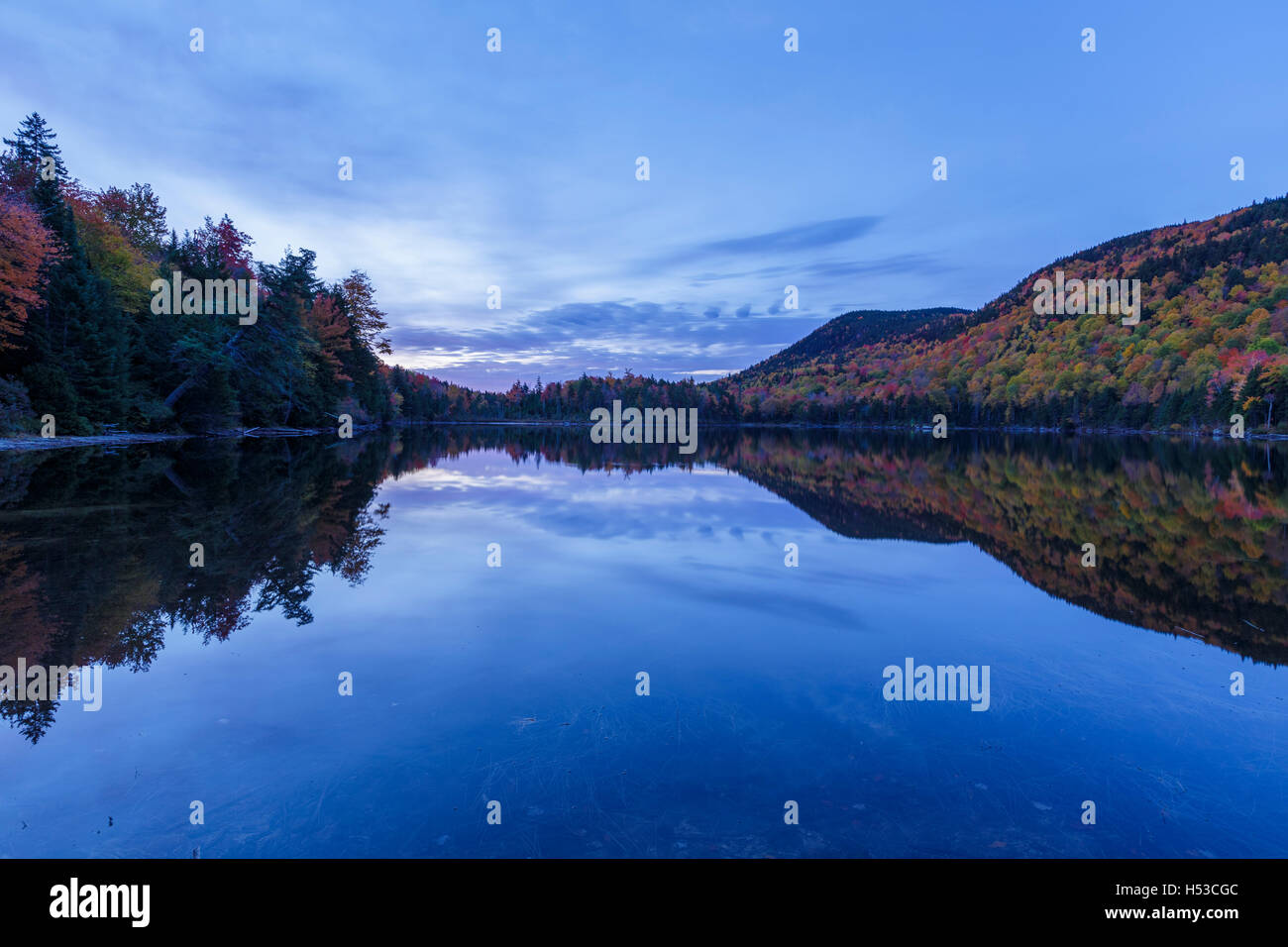 Reflection of autumn foliage in Upper Hall Pond in Sandwich, New Hampshire USA during morning