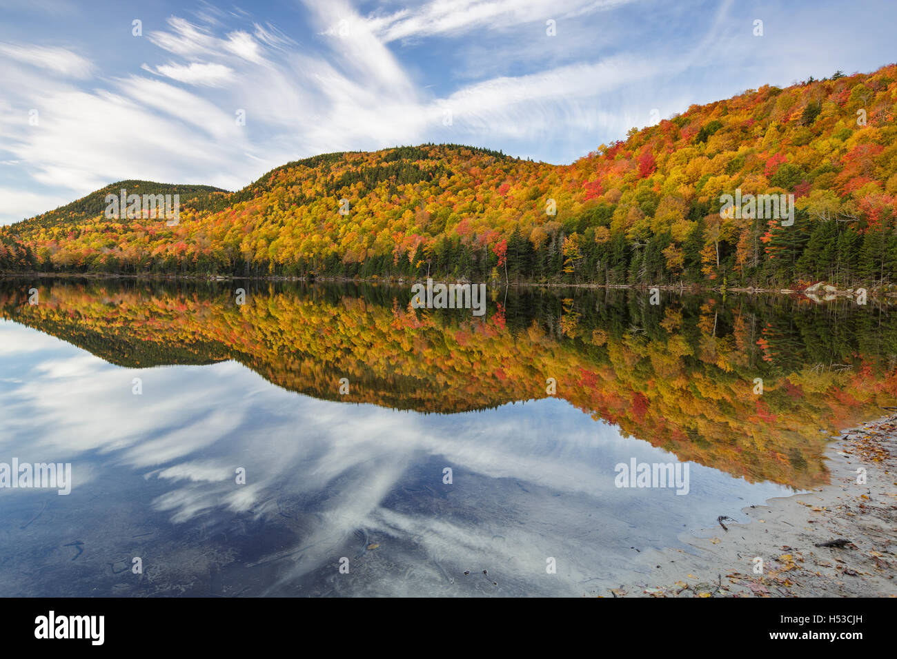 Reflection of autumn foliage in Upper Hall Pond in Sandwich, New Hampshire USA during the autumn
