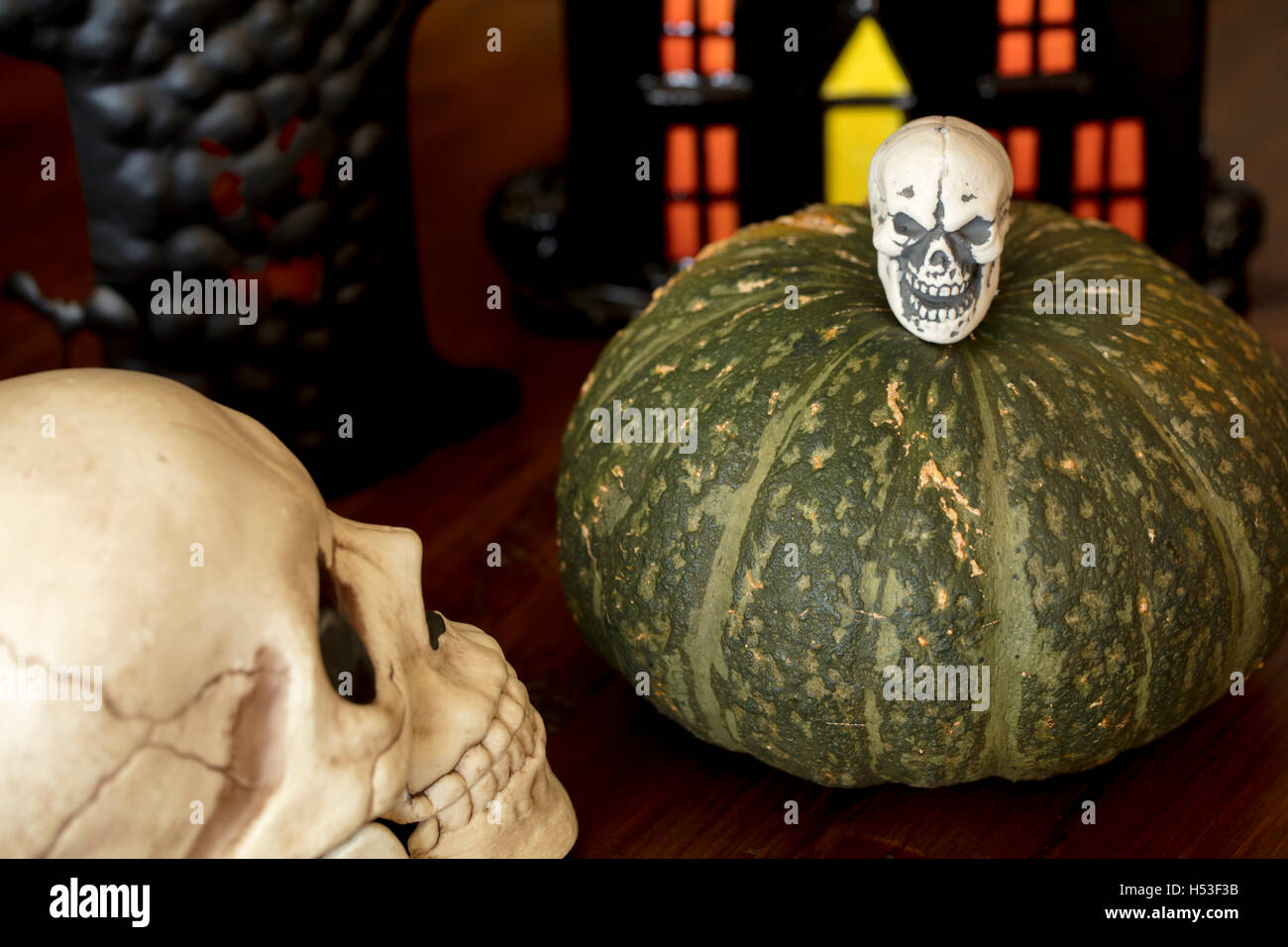 Halloween skulls, small and large decorations for the holiday Stock