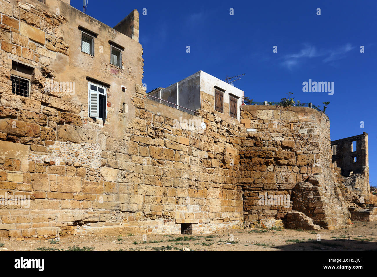 A section of the early Byzantine city wall in Chania, Crete. After the 7th Century wall fell into disuse, hundreds of years late Stock Photo