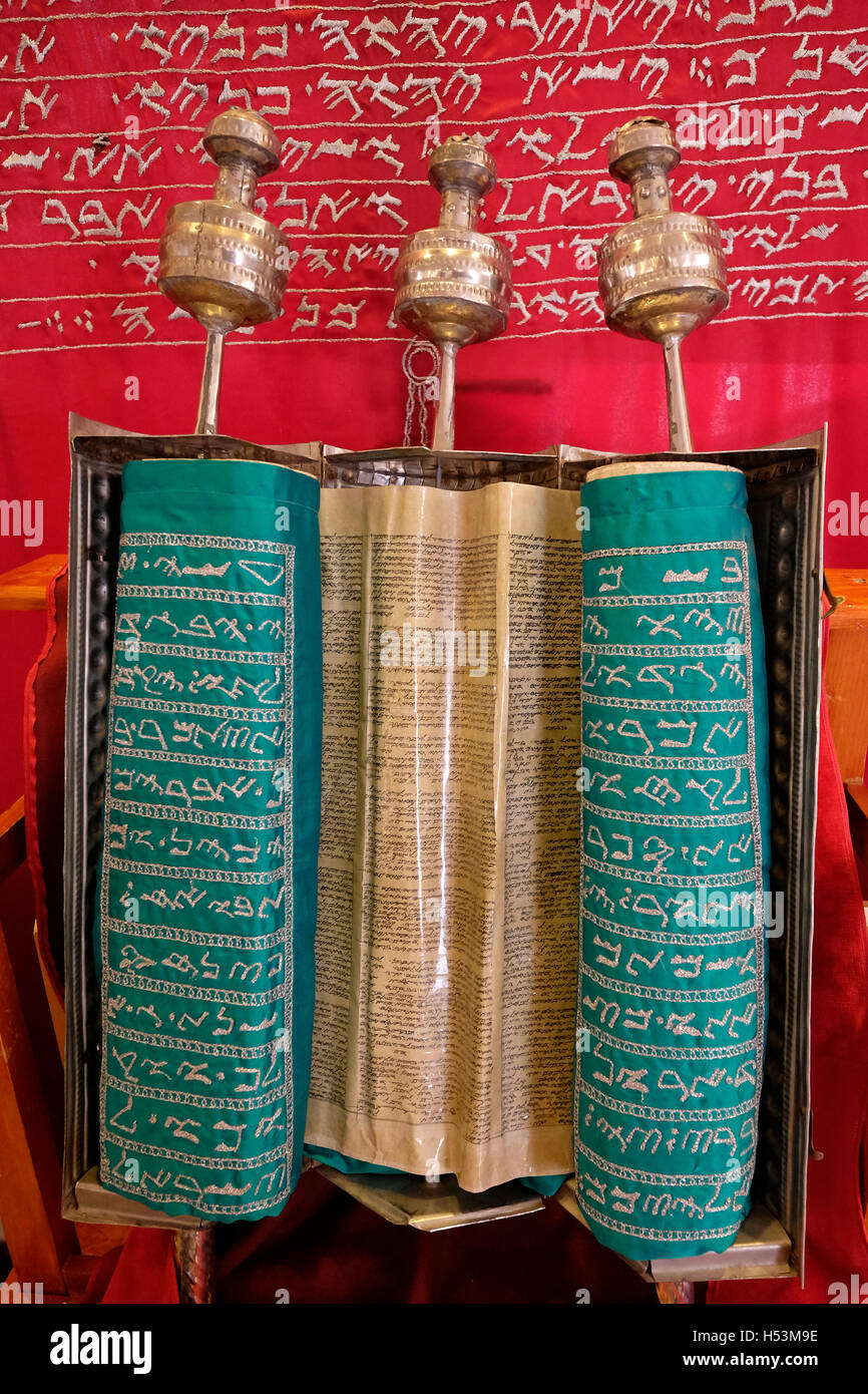 A Torah scroll written in ancient Hebrew displayed at the Samaritan