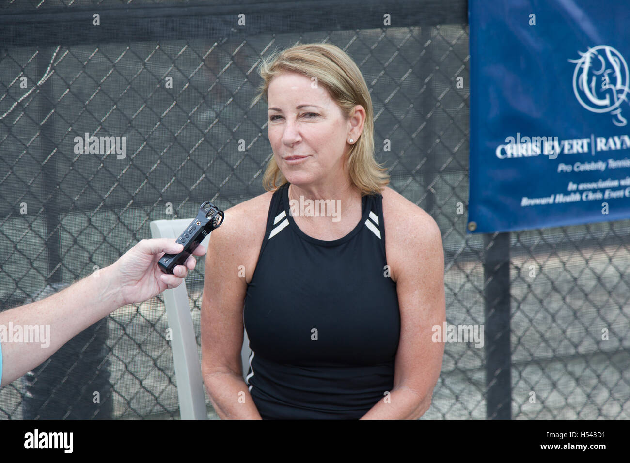 Chris Evert speaking with reporter at the Chris Evert Pro-Am Celebrity Tennis Classic on November 20, 2015 at the Boca Raton Resort & Club in Boca Raton, Florida Stock Photo