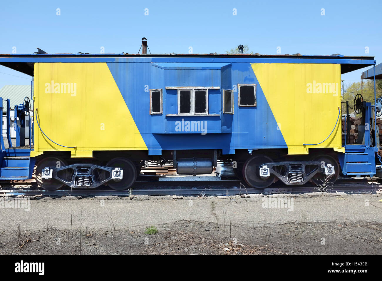 Yellow and Blue train car in Riverhead, Long Island, New York Stock