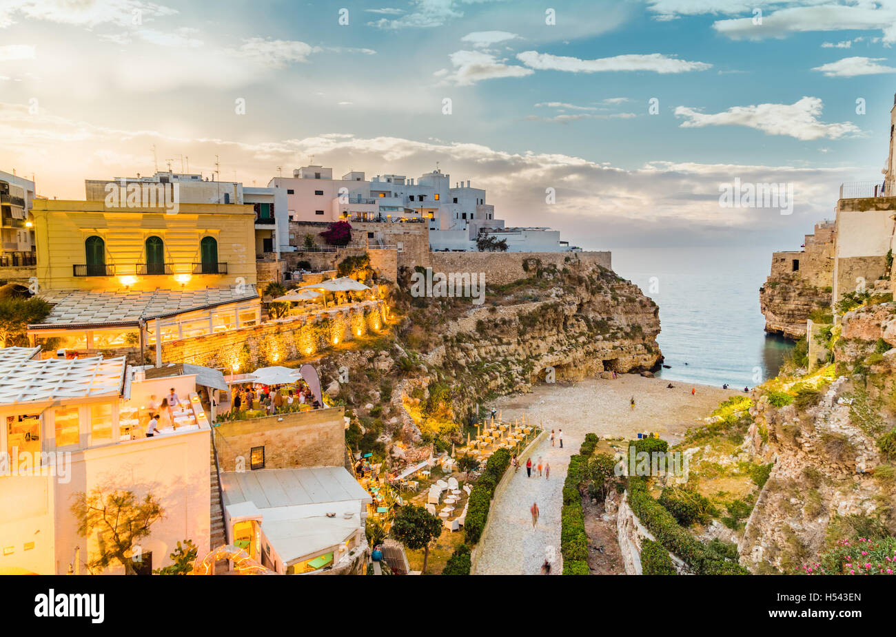 time of dusk on the village of Polignano, in Puglia, Italy Stock Photo