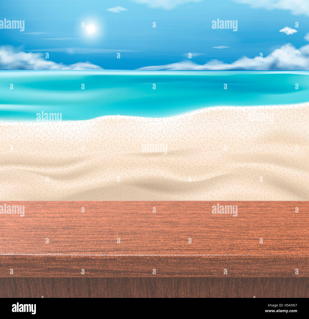 beautiful sand of beach scene background, 3d rendering wood plate Stock ...