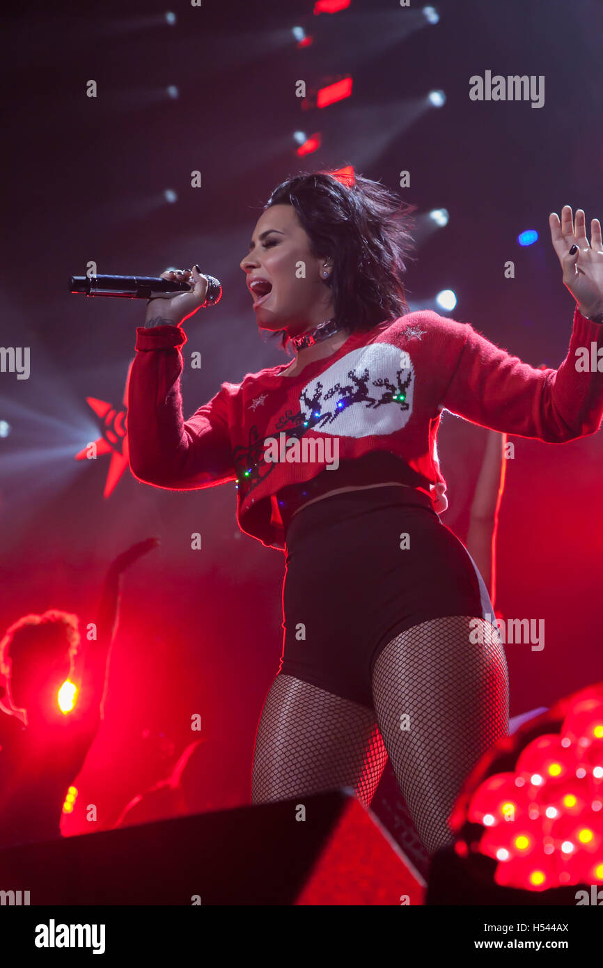 Demi Lovato performing at the Y100 iHeart Radio Jingle Ball Concert on December 18, 2015 at the BB&T Center in Miami Florida Stock Photo