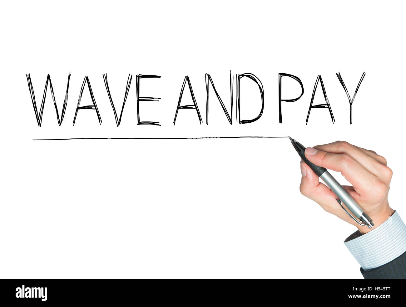 wave and pay written by hand, hand writing on transparent board, photo Stock Photo