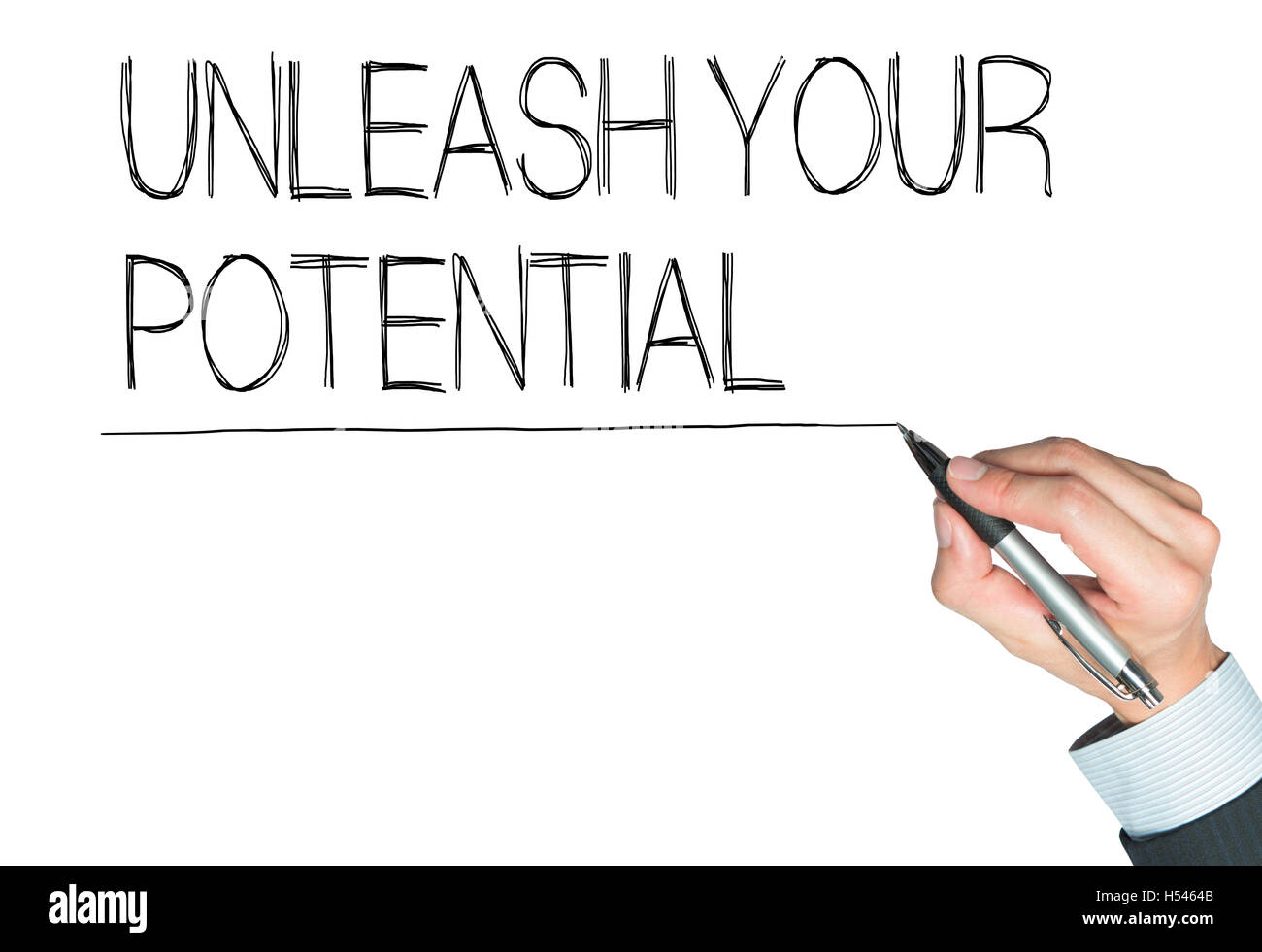 unleash your potential  written by hand, hand writing on transparent board, photo Stock Photo