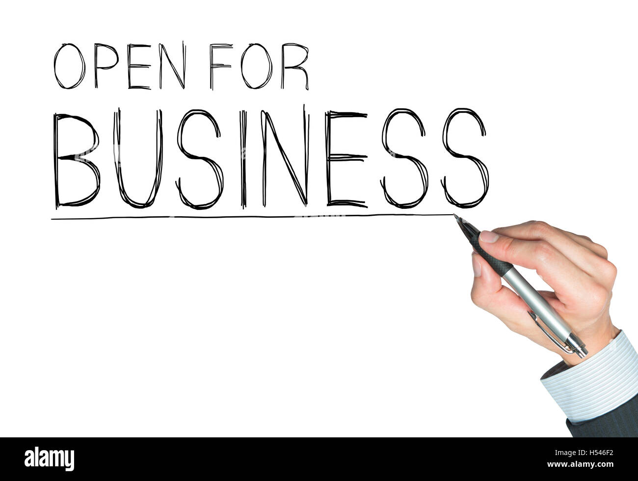 open for business written by hand, hand writing on transparent board, photo Stock Photo