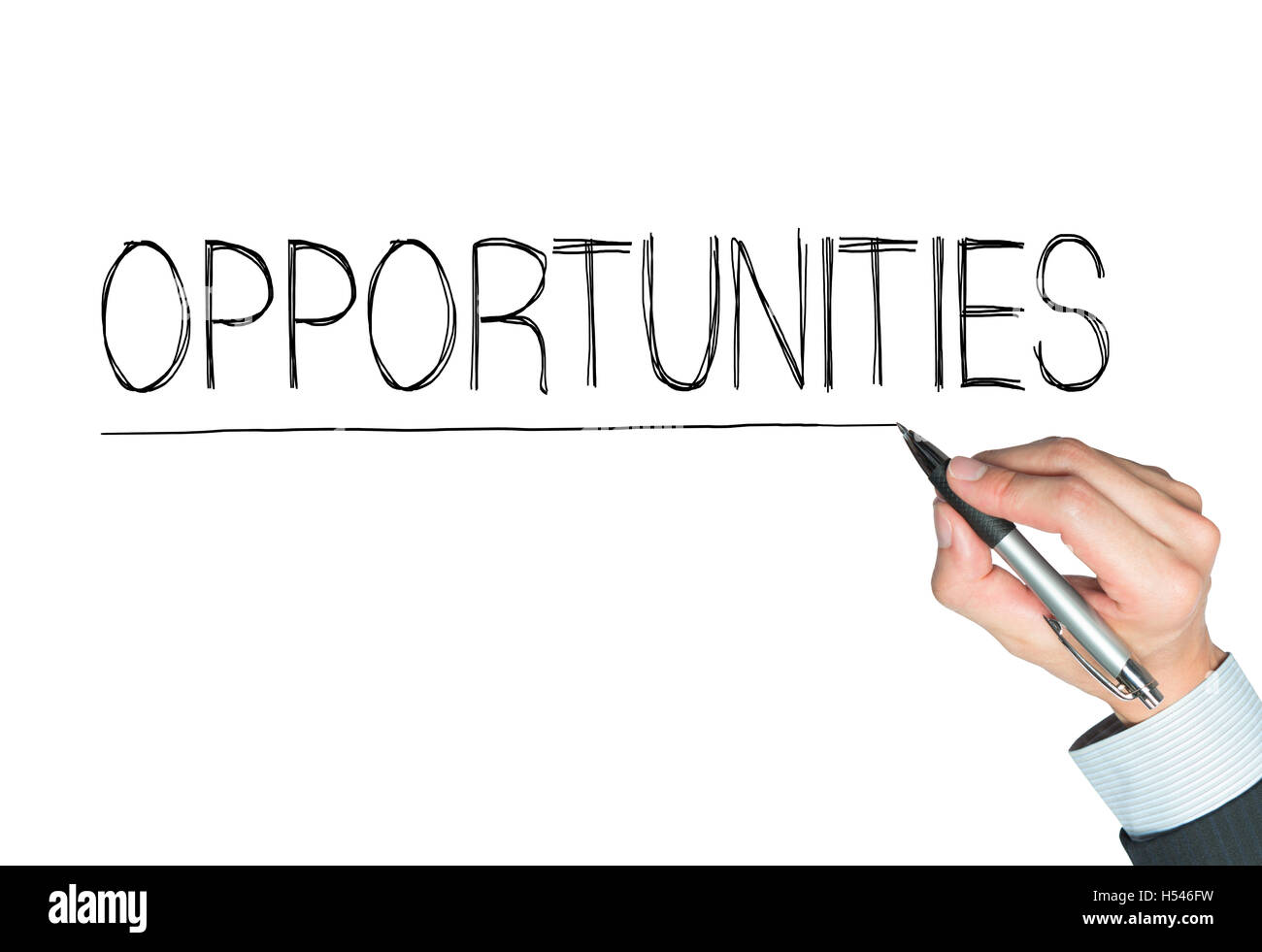 opportunities written by hand, hand writing on transparent board, photo Stock Photo