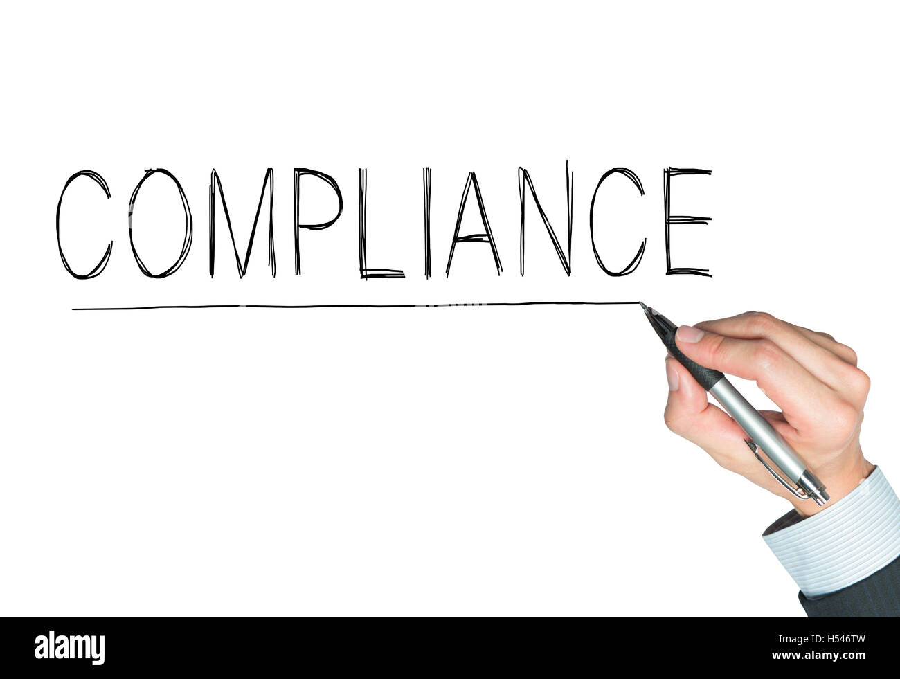compliance written by hand, hand writing on transparent board, photo Stock Photo
