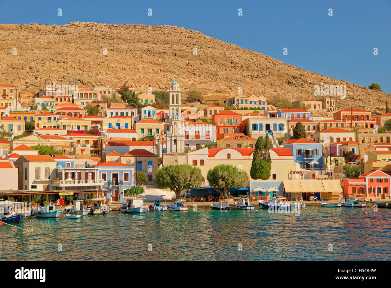 Chalki town on the Greek island of Chalki situated off the north coast of Rhodes in the Dodecanese Island group, Greece. Stock Photo
