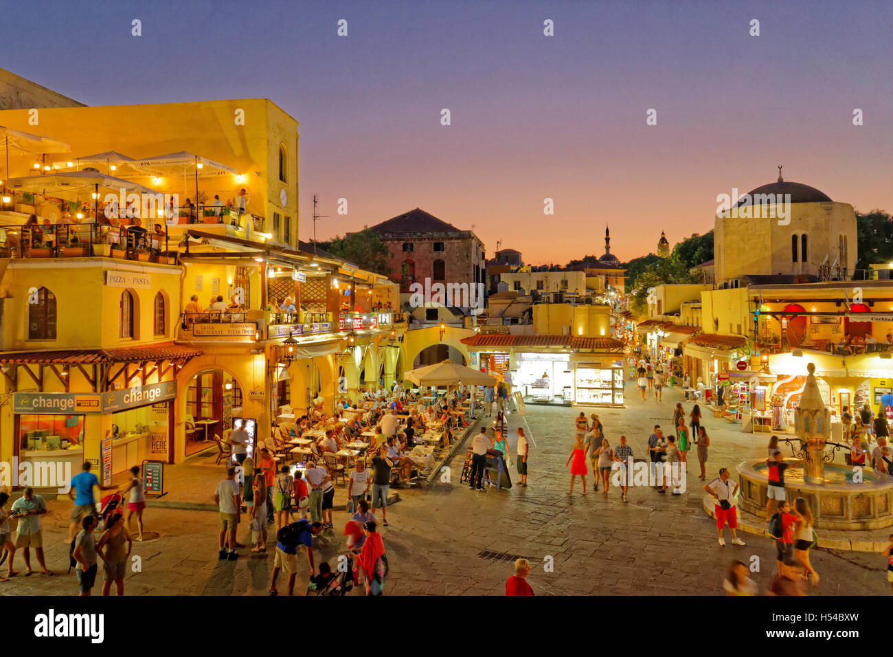 Twilight at Hippocrates (Ipokratous) Square, at Rhodes Old Town, Island of Rhodes, Dodecanese Islands, Greece. Stock Photo