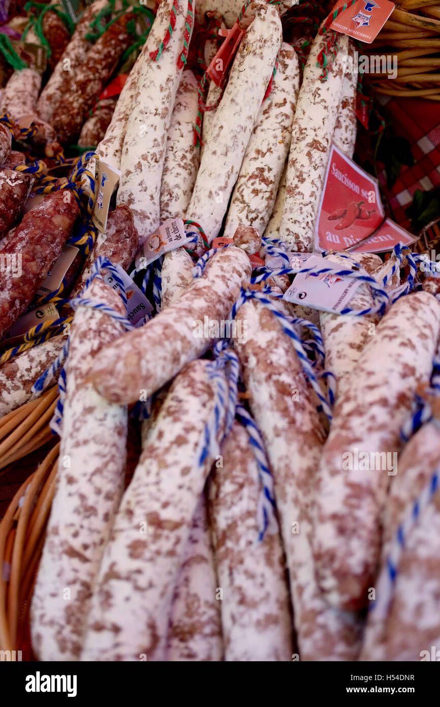 Sausage for sale at local market, Provence, France Stock Photo Alamy