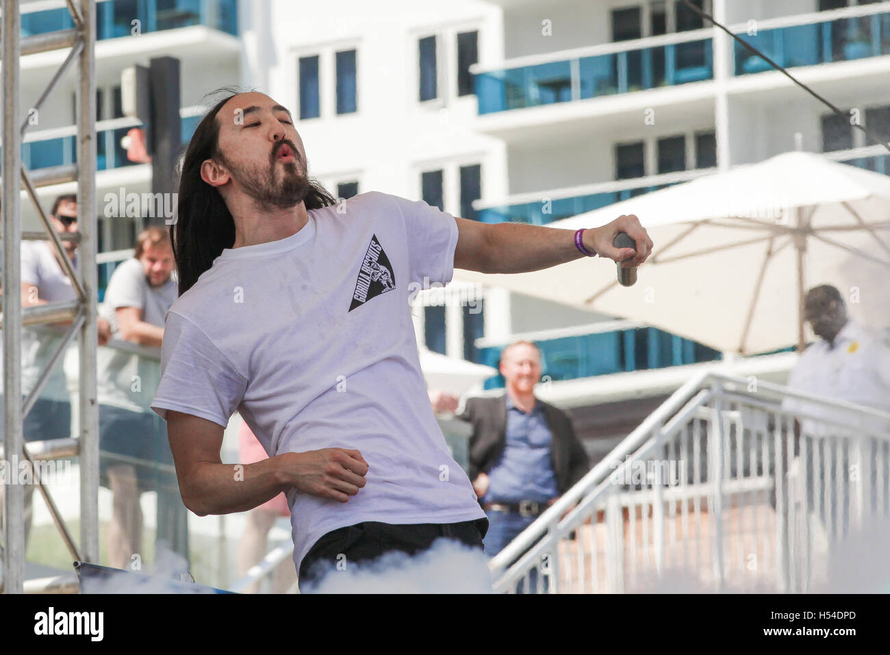 DJ Steve Aoki at the Sirius XM Music Lounge on March 18, 2016 at the 1 Hotel South Beach at the Private Beach Club in Miami Beach, Florida. Stock Photo