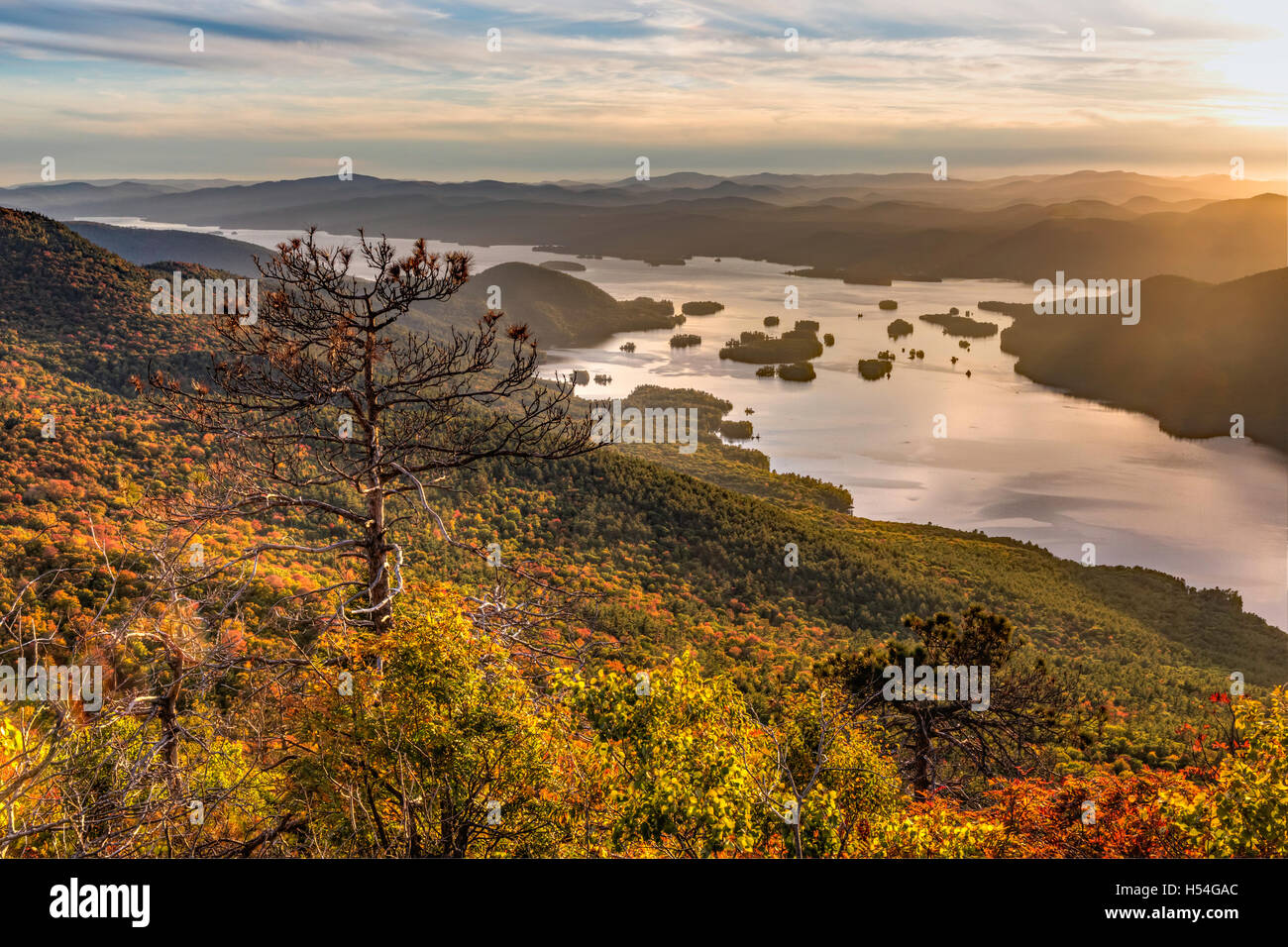 The Narrows of Lake George and surrounding mountains seen from  Black Mountain in the Adirondack Mountains of New York Stock Photo