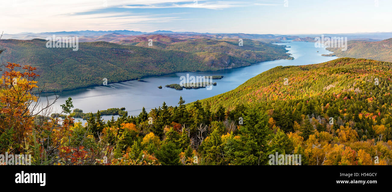 The Northern end of Lake George and the Tongue Mountain Range seen from a lookout on Black Mountain in the Adirondack Mountains Stock Photo