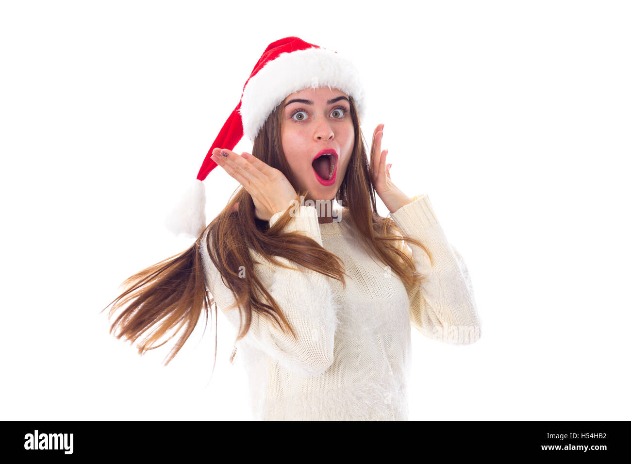Woman in red christmas hat Stock Photo Alamy