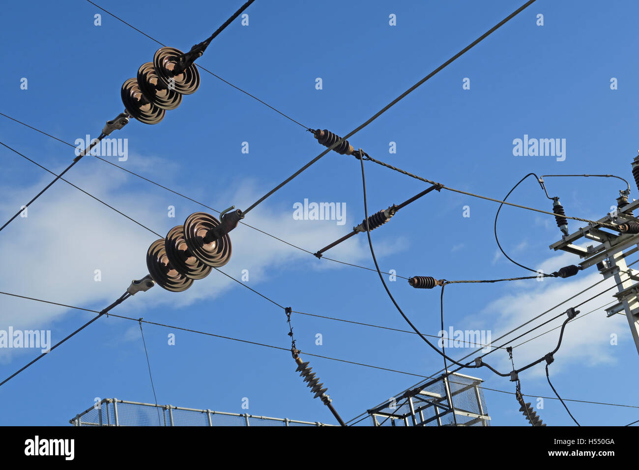 Overhead lines & insulators, electric train line,WCML,England,UK Stock Photo