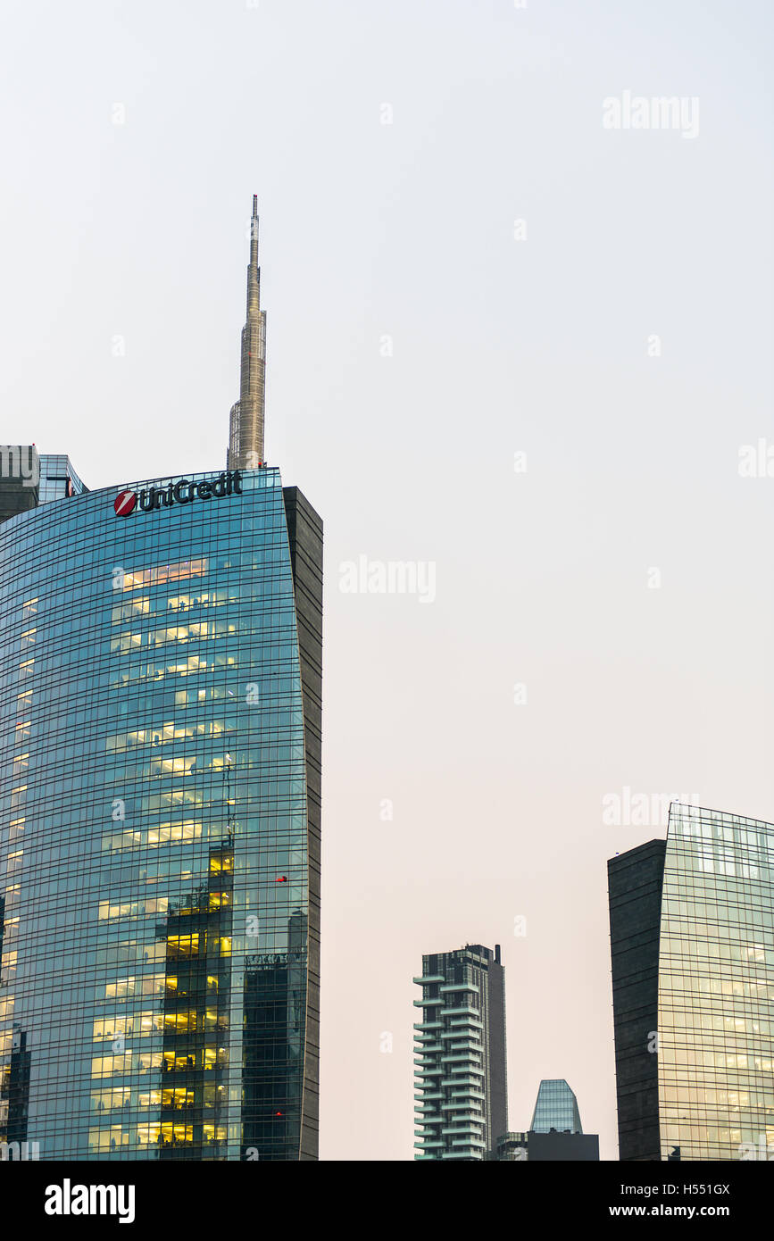 29 October 2014: New area porta nuova to Milan Italy. With the detail of the tower Unicredit. Ready for expo 2015. Stock Photo