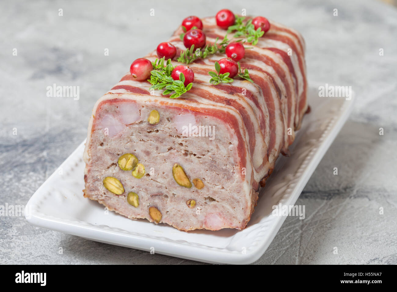 Delicious terrine with ground meat, ham and pistachios Stock Photo Alamy