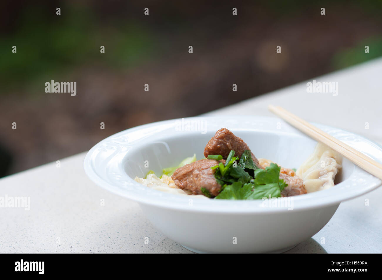 Egg noodle with delicious stewed pork and dumpling. Stock Photo