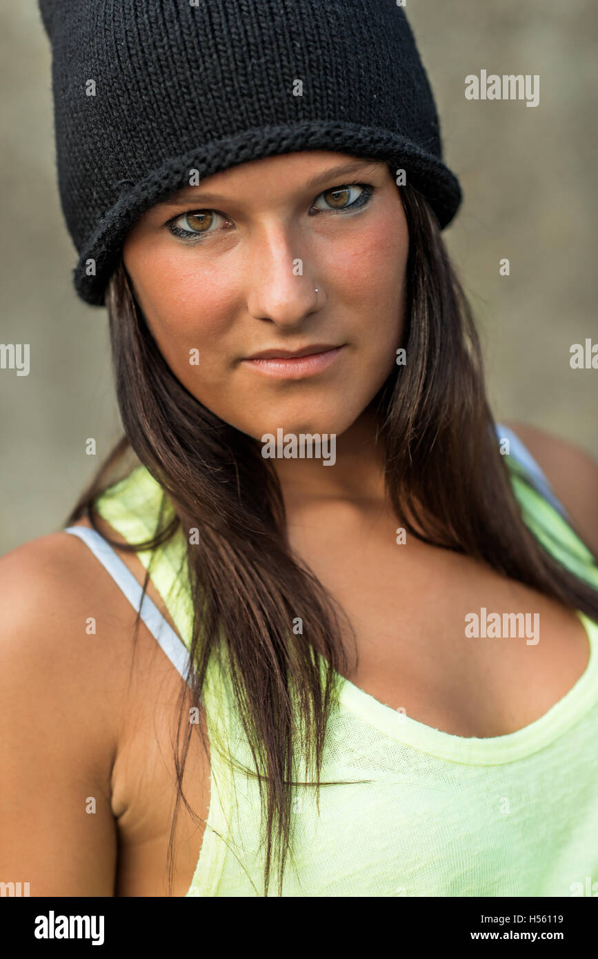 Portrait of teen girl with wool cap Stock Photo Alamy