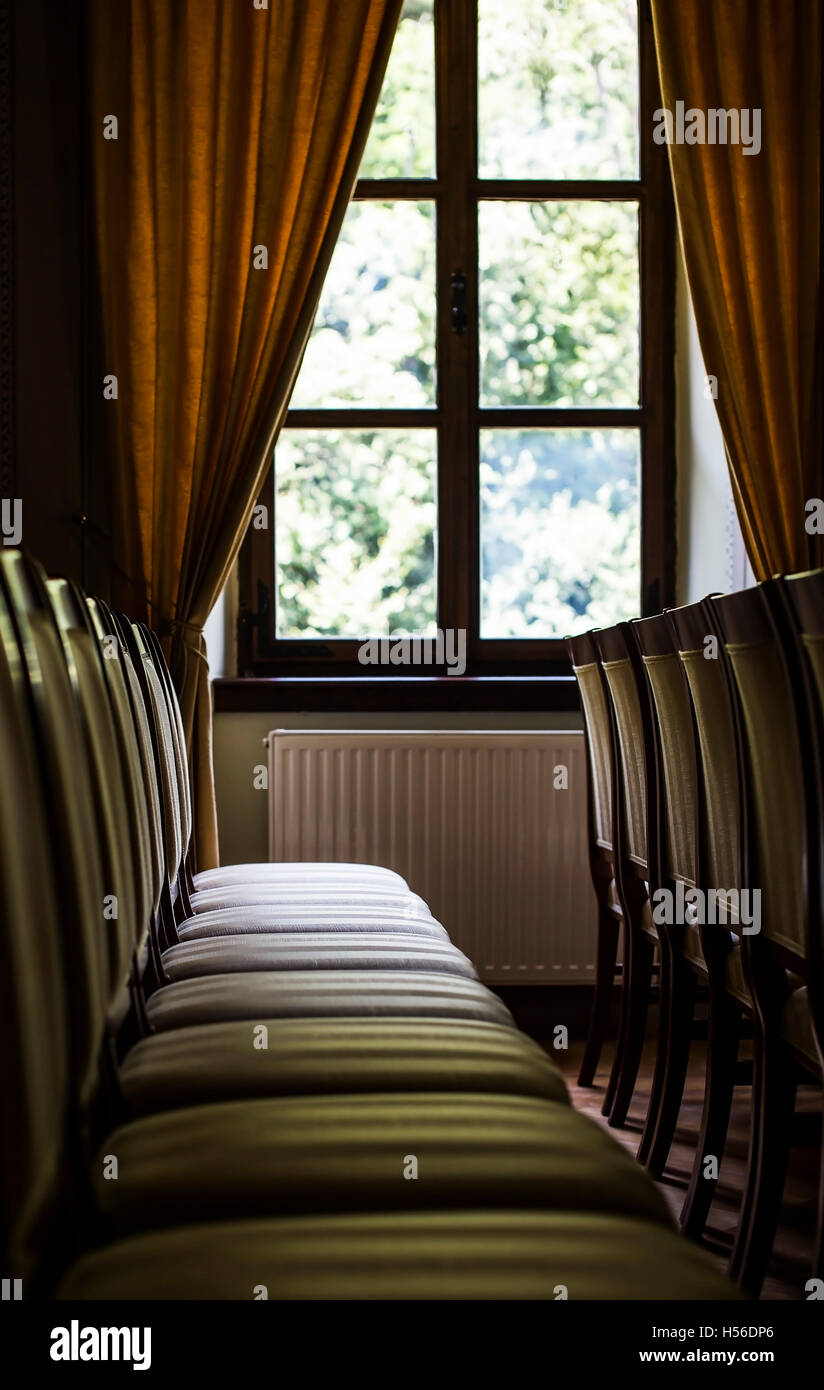 Listening room with stacked chairs Stock Photo Alamy