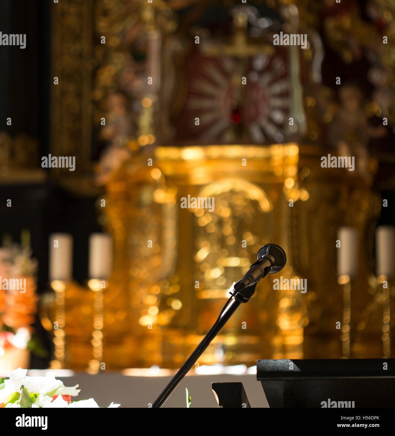 Microphone in church infront of a blurred altar Stock Photo Alamy