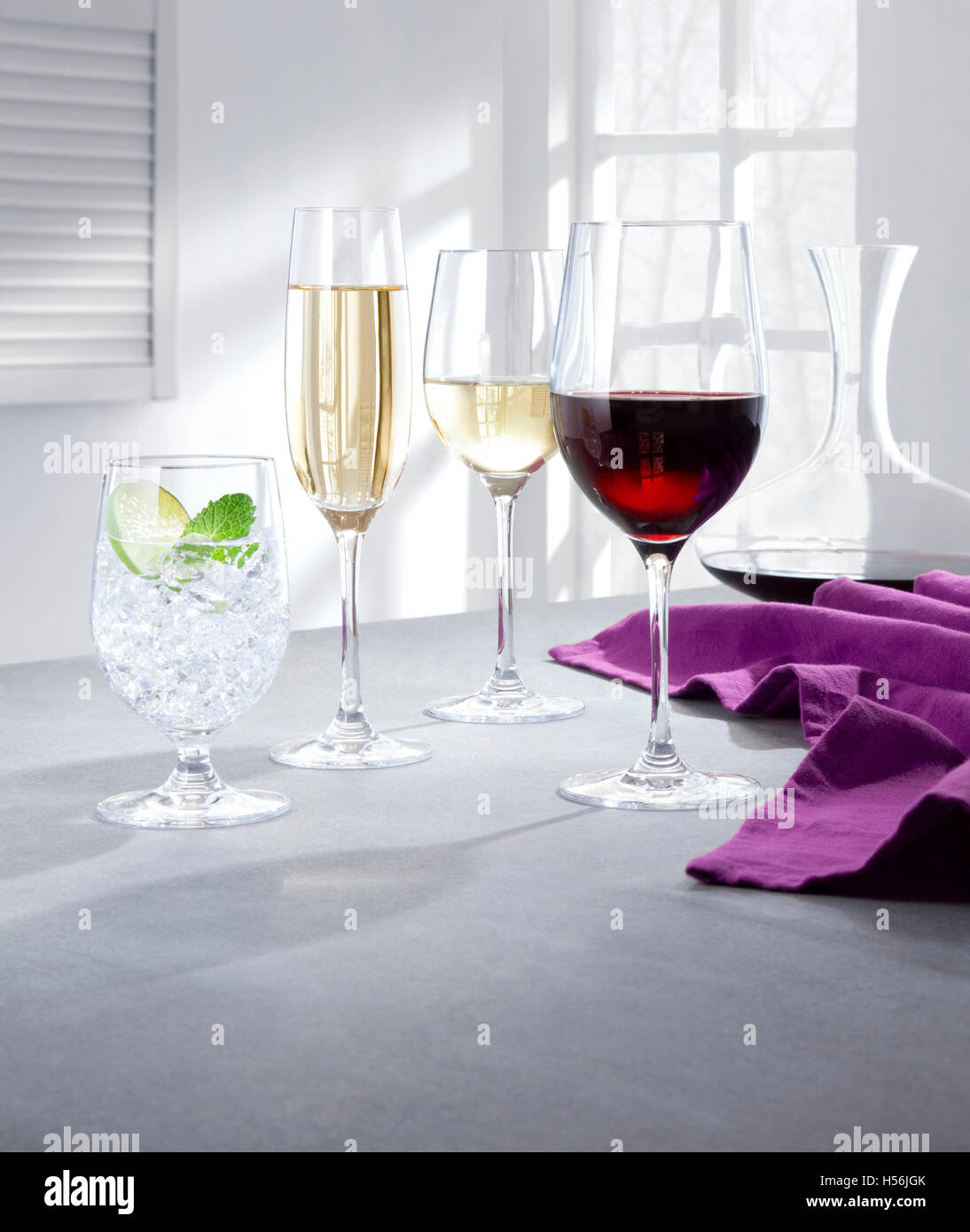 Wine glasses, champagne glass, water glass Stock Photo