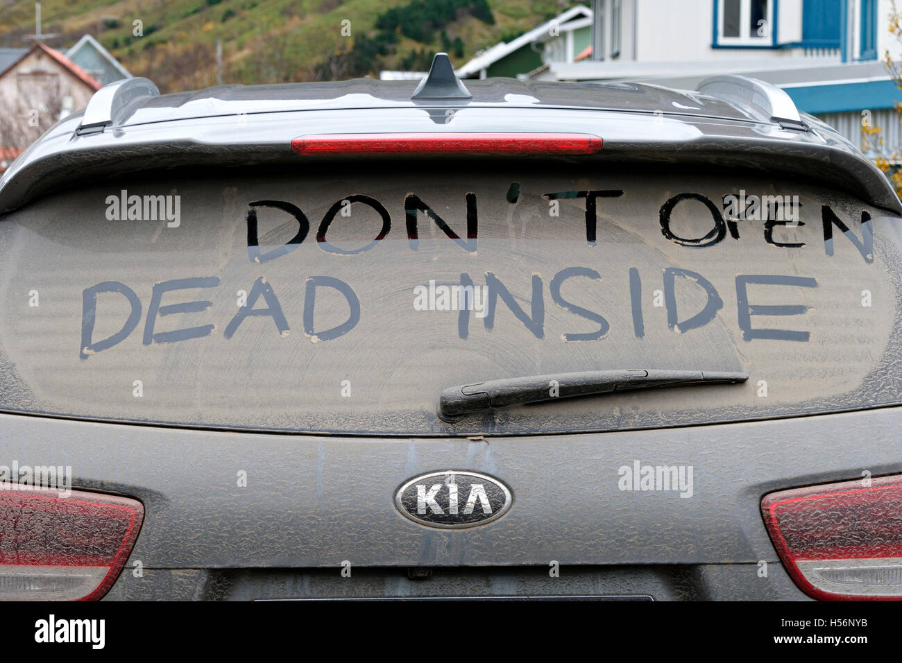 Writing on the rear of a car window (don't open dead inside), East Iceland, North Atlantic, Europe Stock Photo