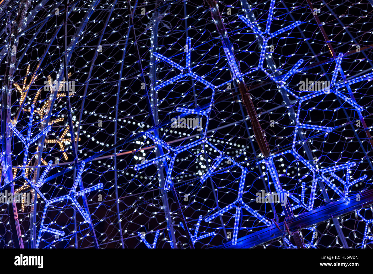 winter holiday street lights blue snowflakes illumination Stock Photo
