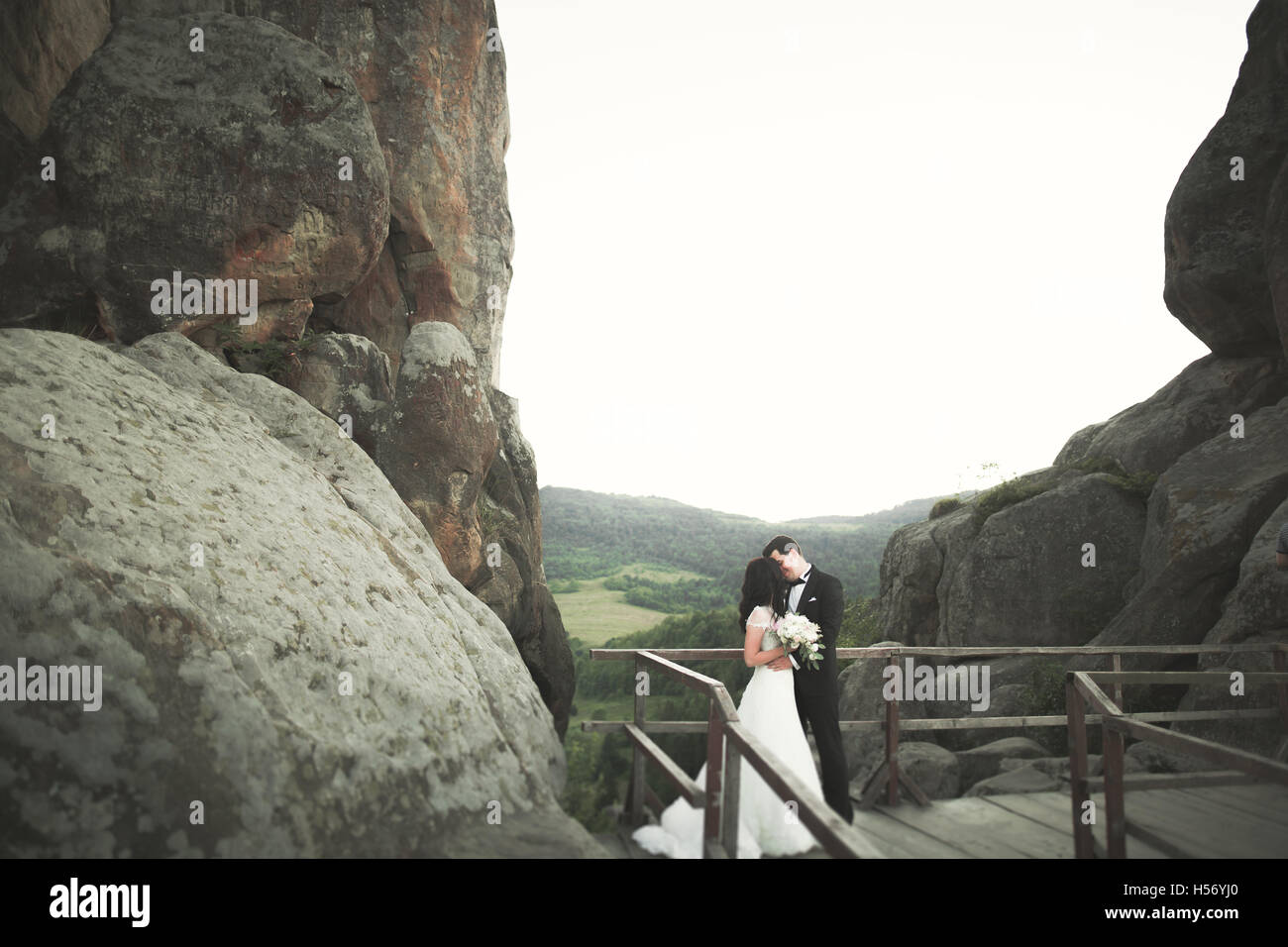 Wedding couple in love kissing and hugging near rocks on beautiful landscape Stock Photo