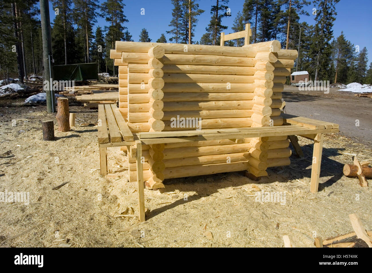 log house under construction, Finland Stock Photo