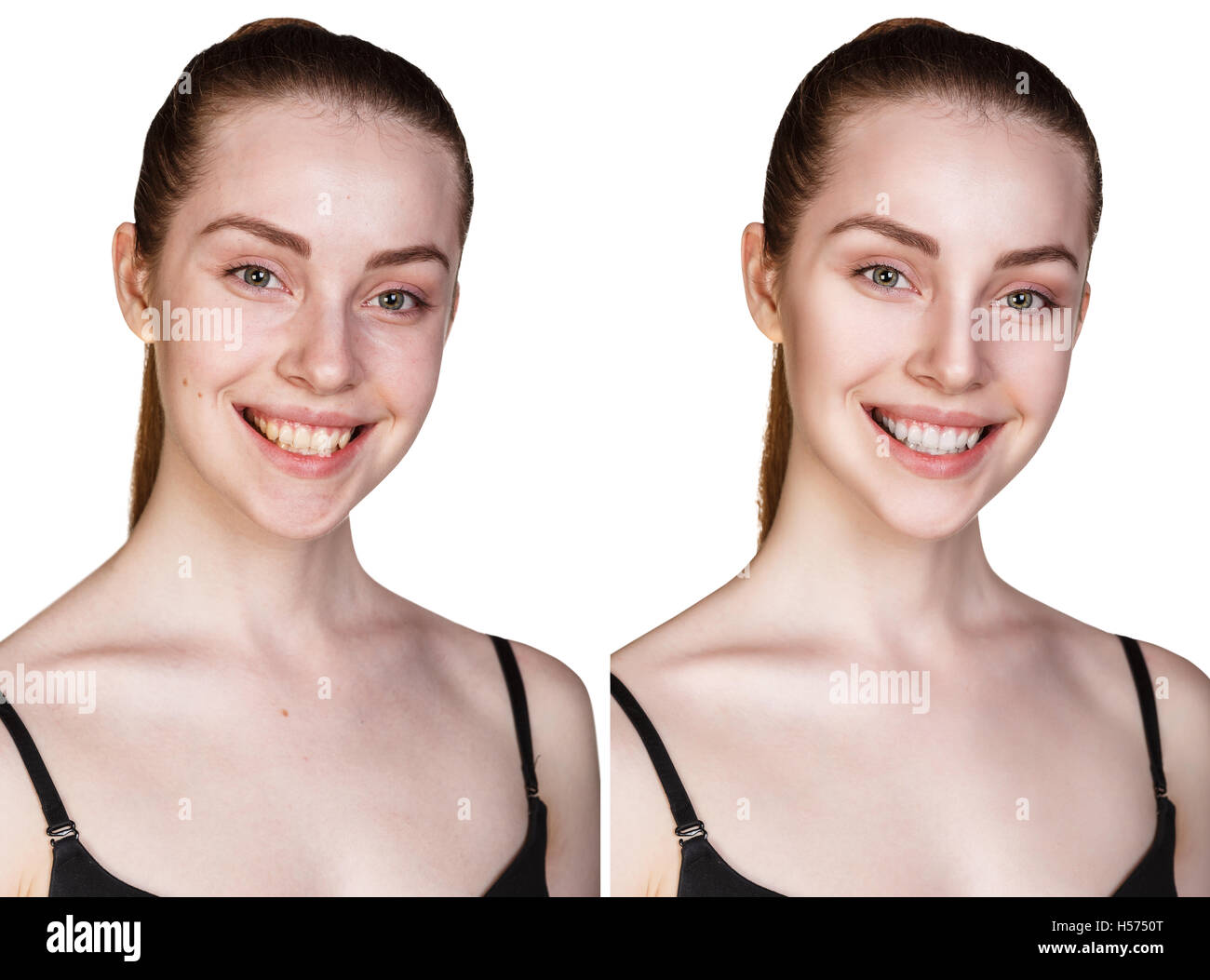 Portrait of young girl with and without makeup Stock Photo