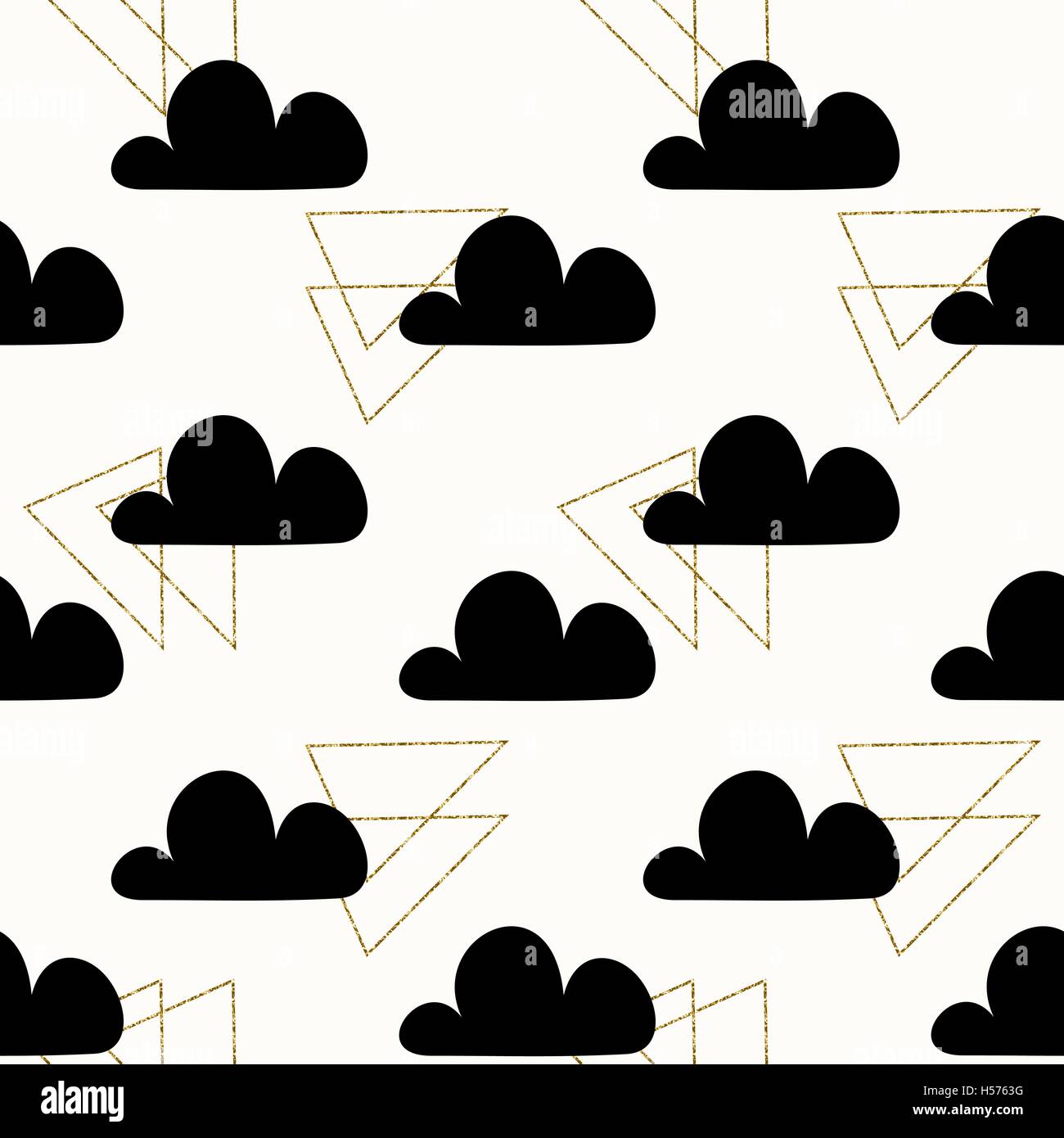 Seamless repeating pattern with black clouds and gold glitter triangle shapes on white background. Stock Vector
