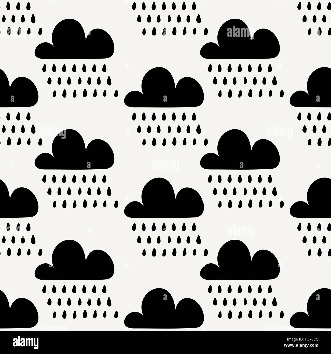 Seamless repeating pattern with black clouds and rainfall on cream background. Cute and modern wrapping paper, poster, textile. Stock Vector