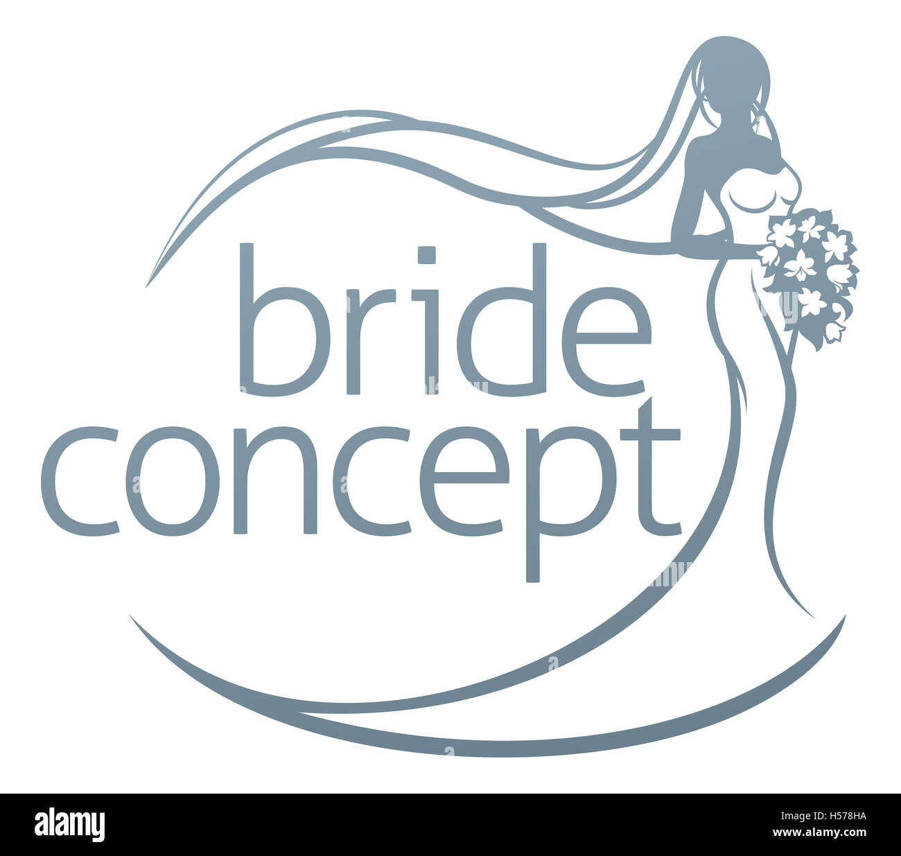 Abstract wedding design concept of bride in silhouette, in a white bridal dress gown holding a floral bouquet of flowers Stock Photo
