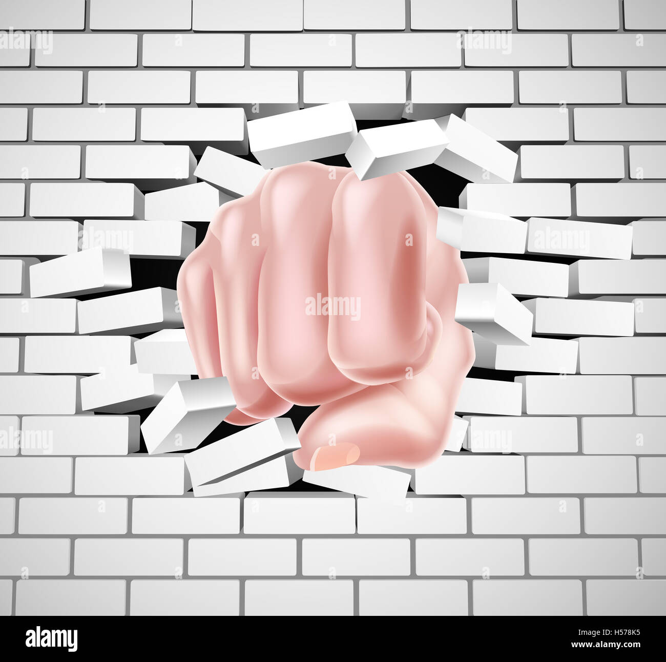 Hand in fist punching through a white brick wall Stock Photo